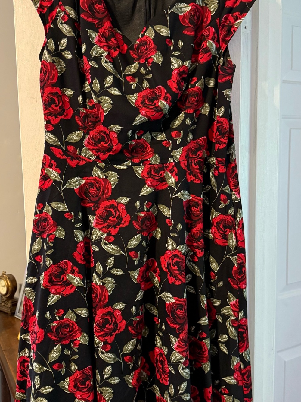 Floral Fit & Flare Dress - Black with Red Rose Print